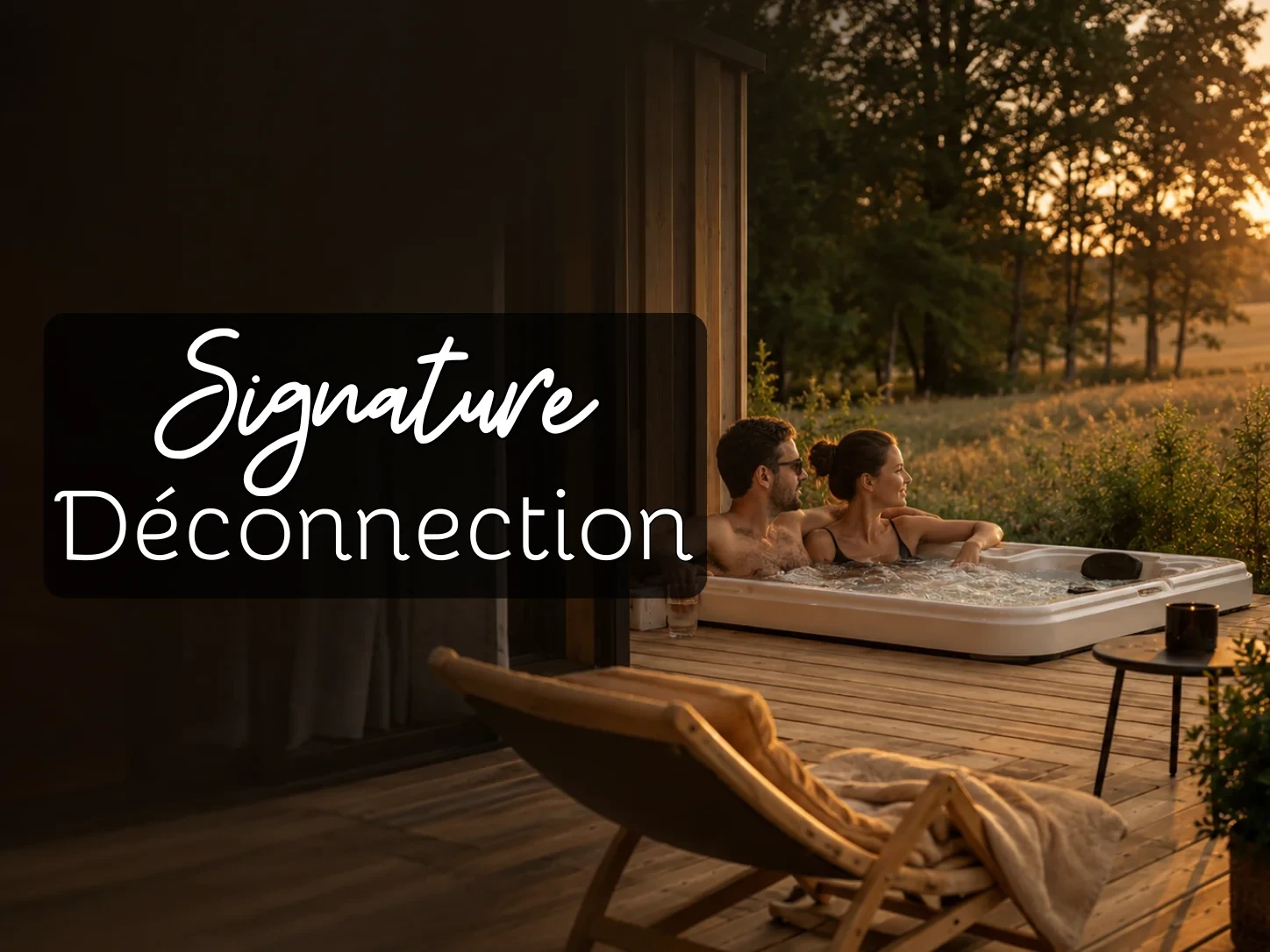 Couple dans jacuzzi extérieur au coucher du soleil