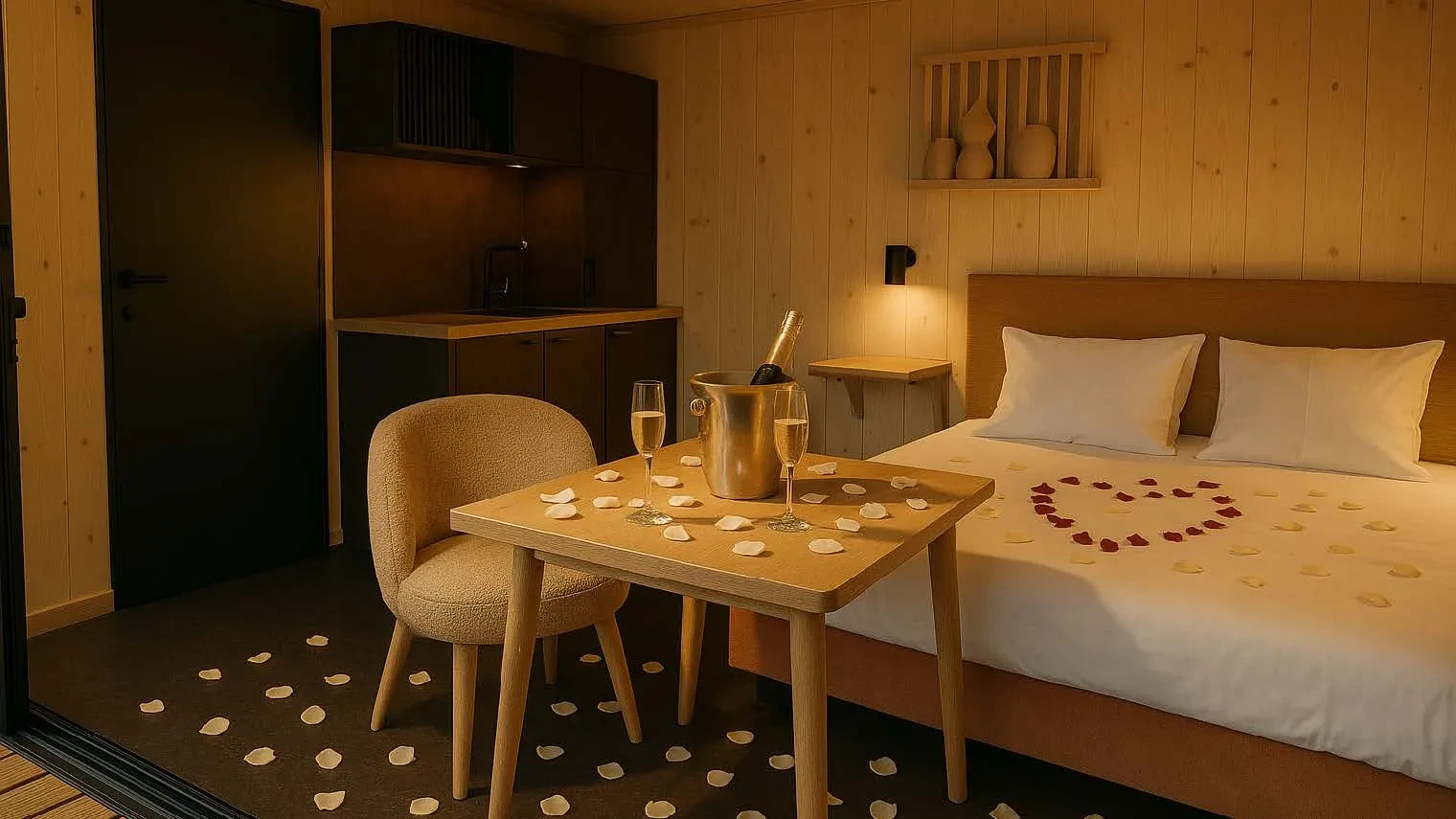 Chambre romantique avec pétales et champagne.