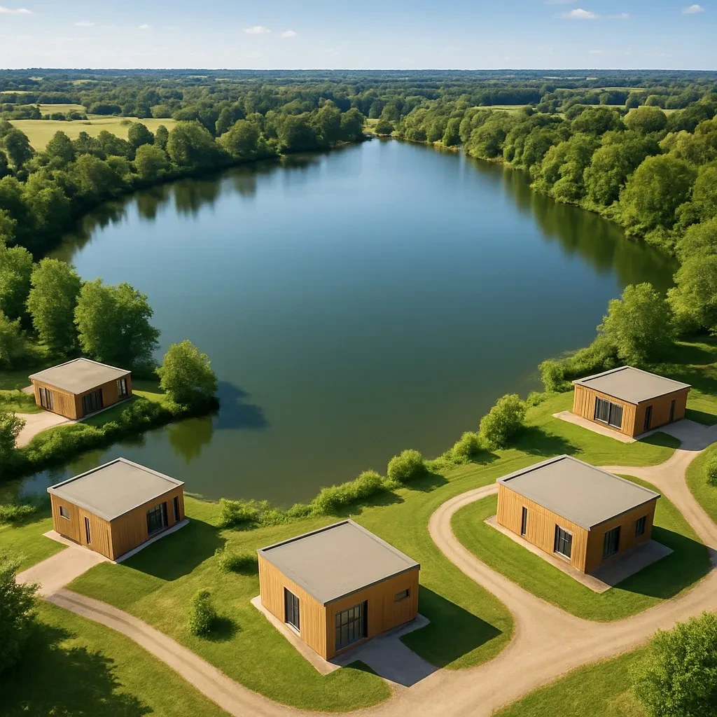 Pavillons en bois près d'un lac paisible.