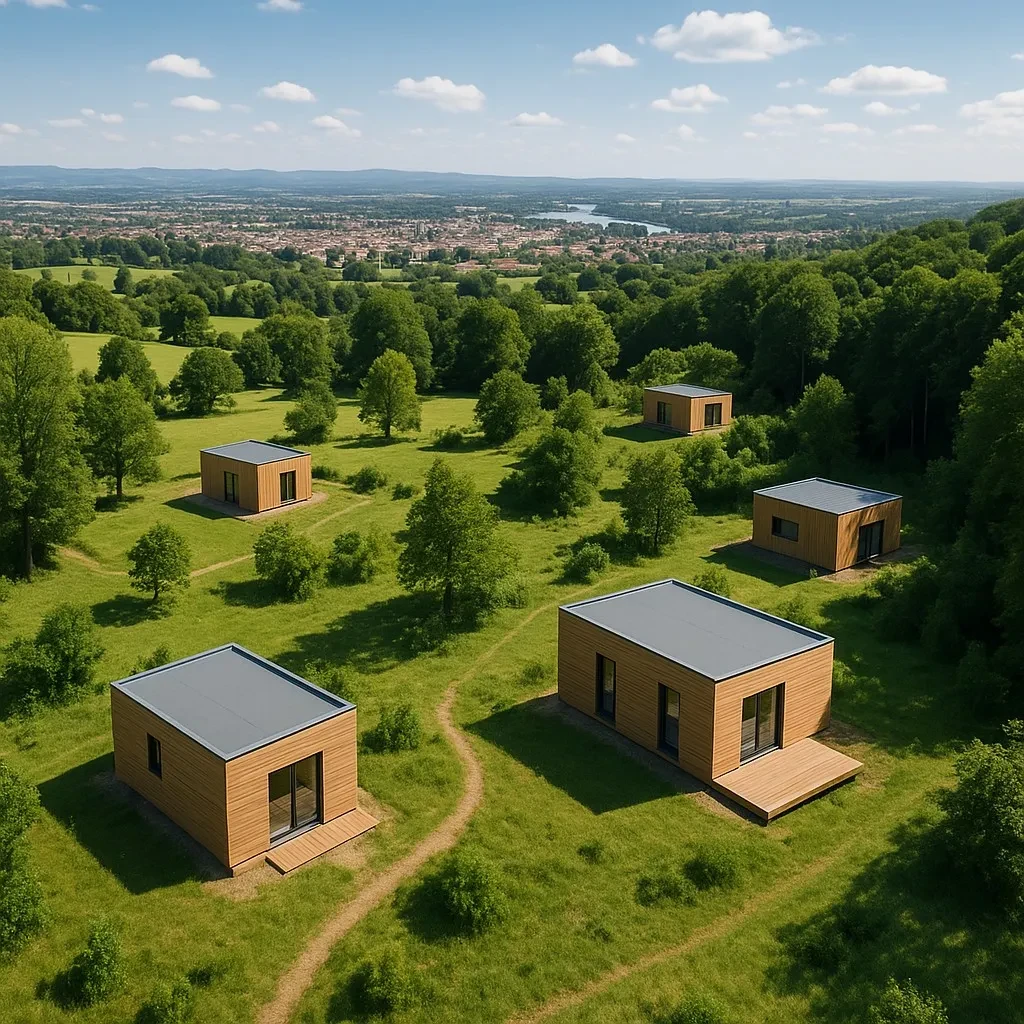 Cabanes modernes dans paysage verdoyant