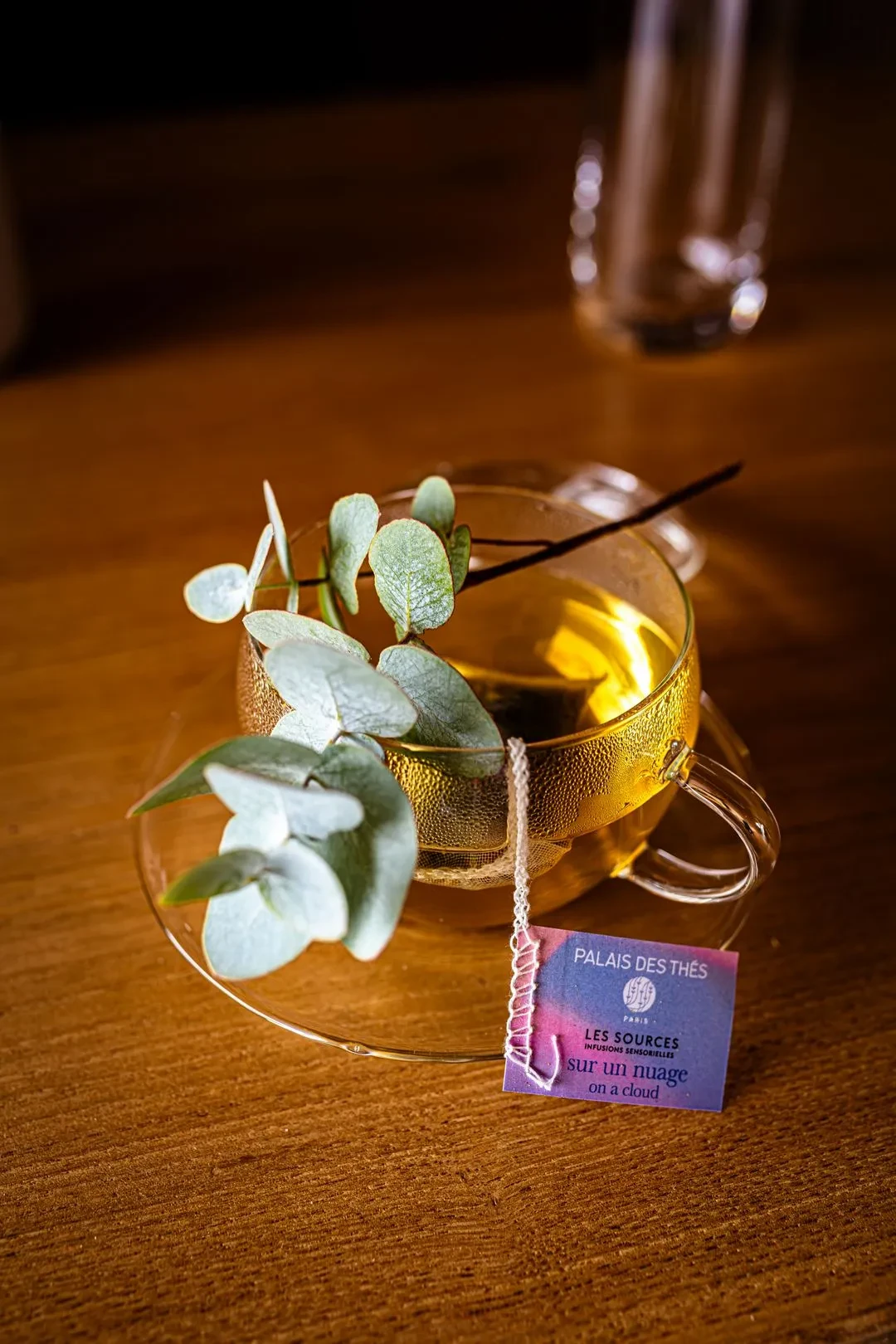 Tasse de thé avec eucalyptus et étiquette.